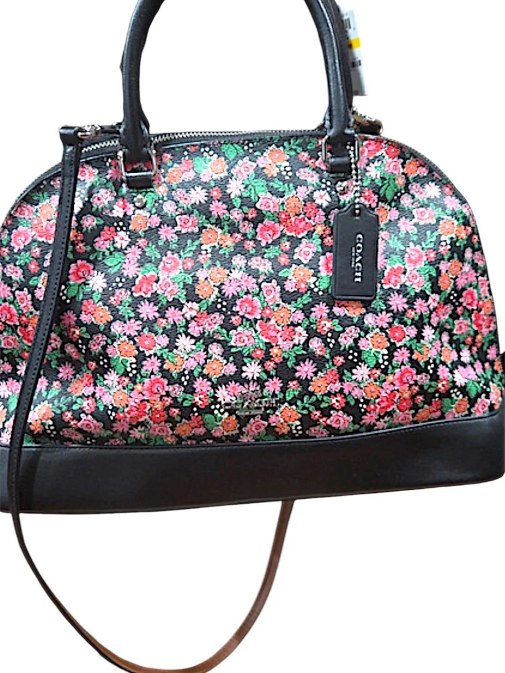Coach Black Floral Dome Satchel with Pink & Green Flowers